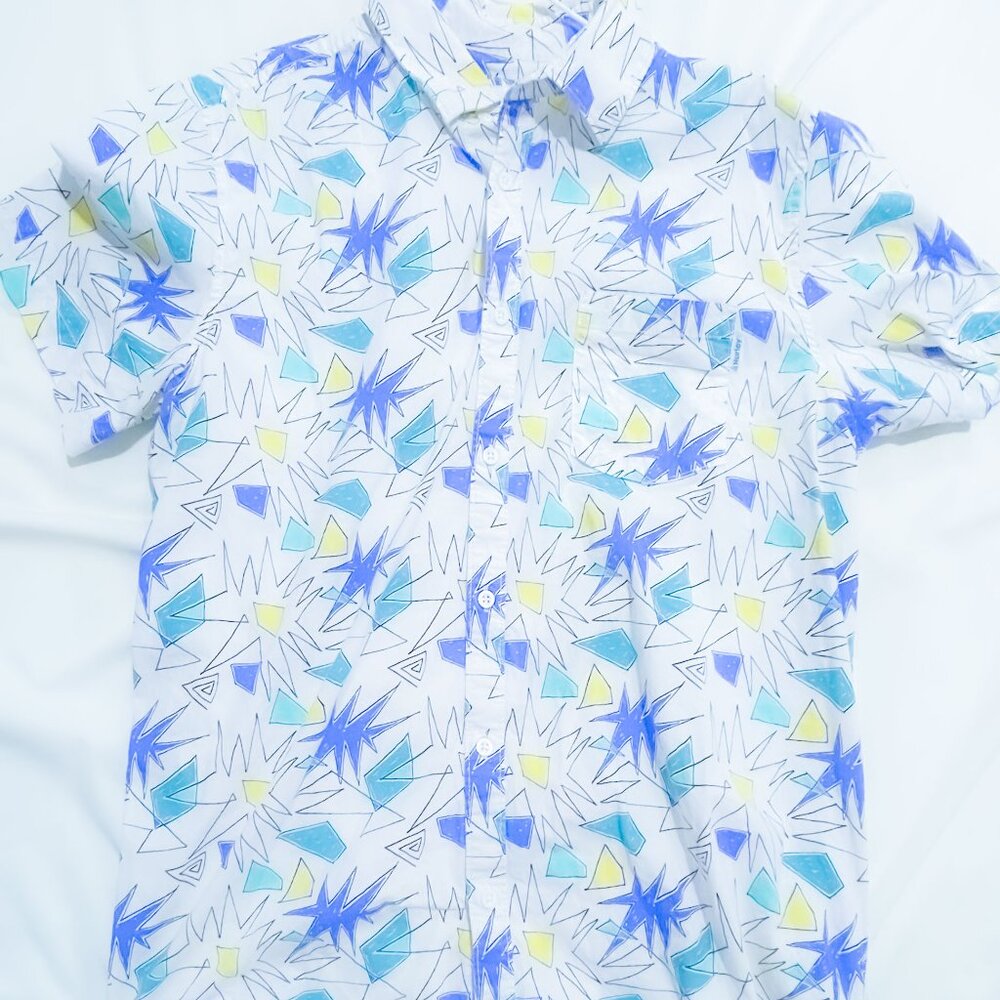 Retro Geometric Pattern Casual Shirt Blue Yellow Black Large